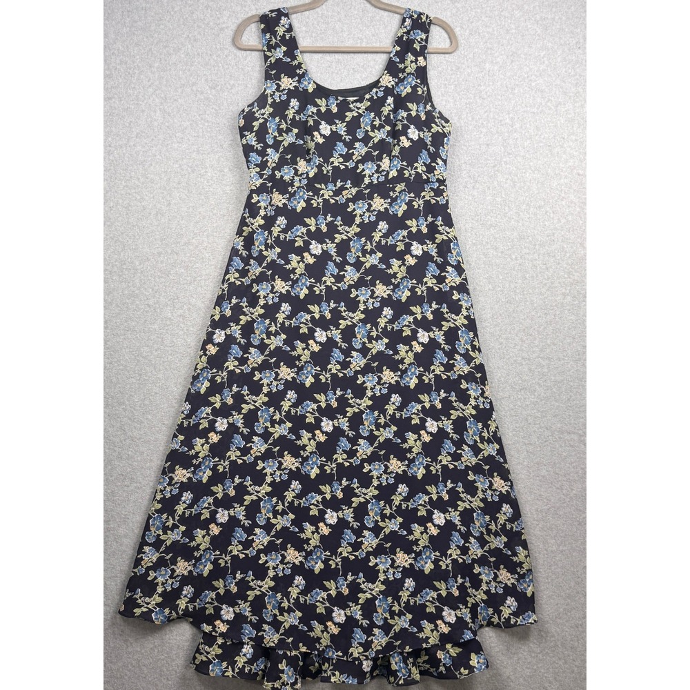 Vintage Cottagecore Floral Maxi Dress Womens Small Blue Ruffle USA Made Sostanza